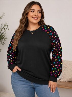 Women’s Heart Print Raglan Sweatshirt Black Multicolor 3X Plus Lounge Casual